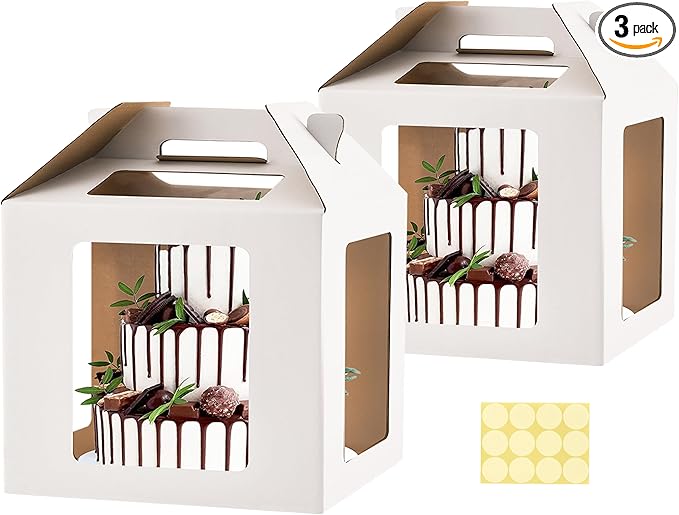 Tall Cake Boxes, 14x14x14 Inches, 2 Pack, Cake Carrier with Windows, Handle for Wedding, Birthday, Party Cakes