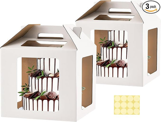Tall Cake Boxes, 14x14x14 Inches, 2 Pack, Cake Carrier with Windows, Handle for Wedding, Birthday, Party Cakes