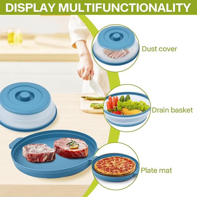 Microwave Cover for Food & Anti-scald Base,Large Collapsible Microwave Splatter Cover,Plastic & Silicone Vented Guard Lid for Meal, Plate Holder & Kitchen Colander(Blue)