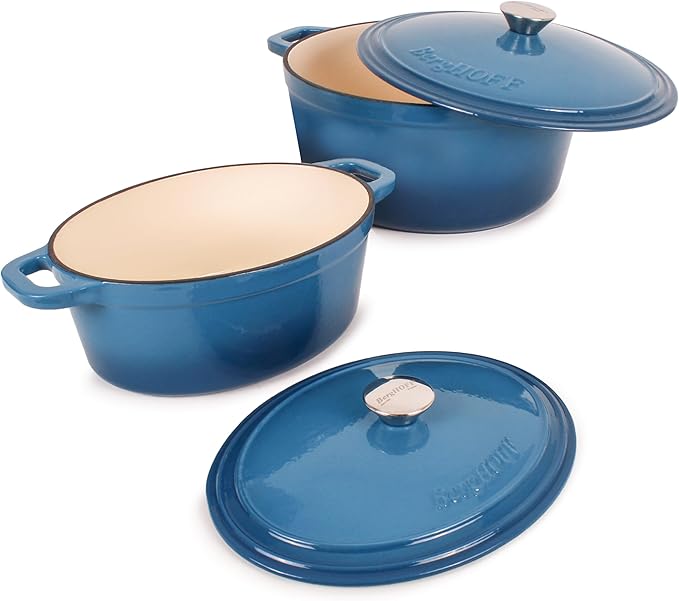BergHOFF 10Pc Neo Enameled Cast Iron Cookware Set, Matching Lid, Oven Safe Up To 400°F, Blue