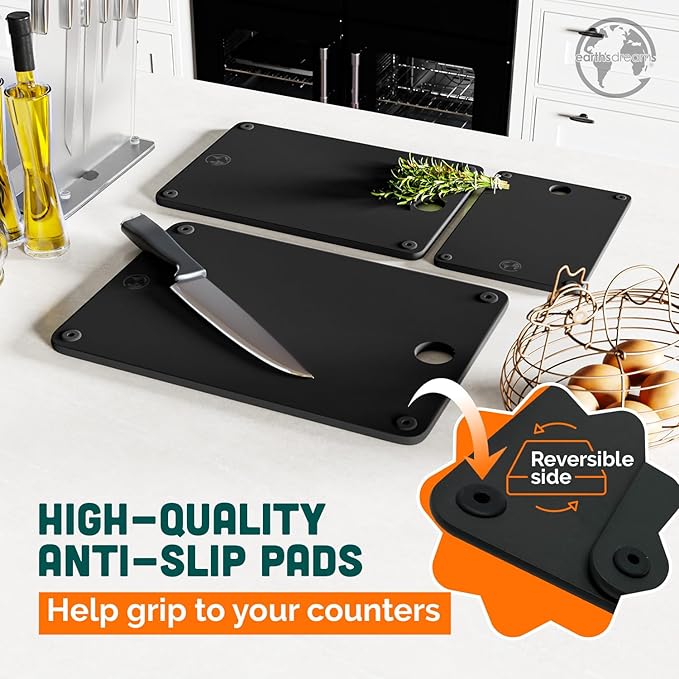 Earth’s Dreams Wood Cutting Board Set 3-Piece: Small, Large & Extra Large - Charcuterie Board, Non-Plastic, Non-Toxic, Heavy-Duty, Dishwasher Safe (Black)