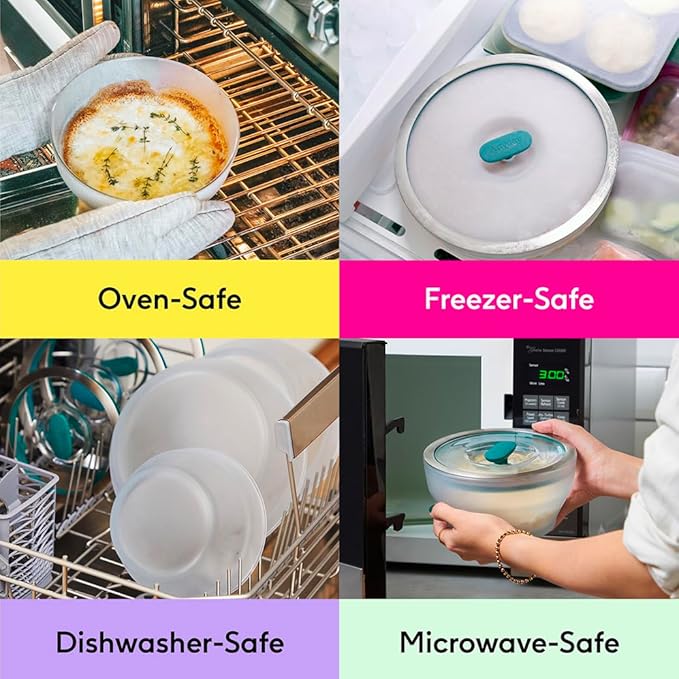 Anyday 7-Cup Microwave Cookware and Glass Container with Glass Lid, Plastic-Free Shallow Food Storage | Stackable Airtight Steamer with Vented Lid for Microwave-Safe Reheating & Steaming Vegetables