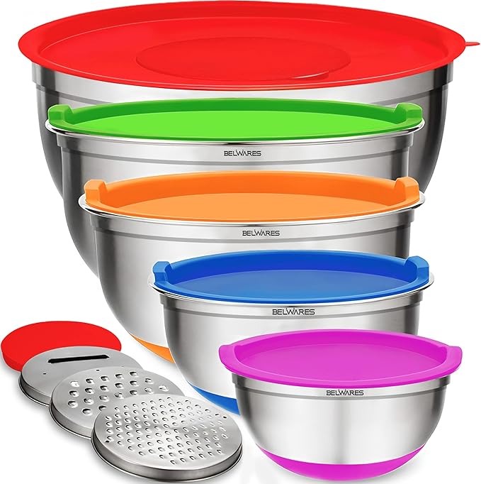 Belwares Mixing Bowls with Lids Set of 5 - Stainless Steel Nesting Bowls with Non-Slip Silicone Bottoms, Airtight Lids & 3 Grater Attachments Kitchen Baking Bowls for Food Prep & Storage (Colorful)
