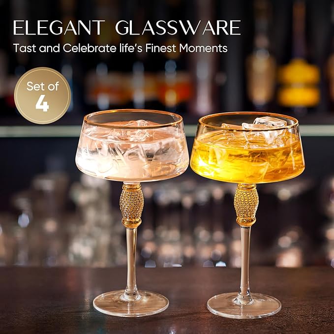 Gold Martini Glasses,Coupe Glass set of 4,Cocktail Glasses,Gold Rimmed&Rhinestones,Margarita Glass,Champagne Tower,Scocktail,Art Deco Glassware,Home Parties,9OZ