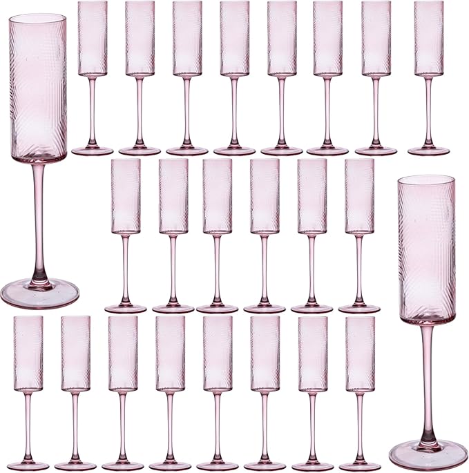 24 Pieces Pink Champagne Flutes,6 OZ Twill Pattern Striped Vintage Stem Glasses Stemware Wine Glasses Champagne Long Stem Drinking Colored Glasses Goblets for Wedding Cocktail Cups,Cava, Prosecco