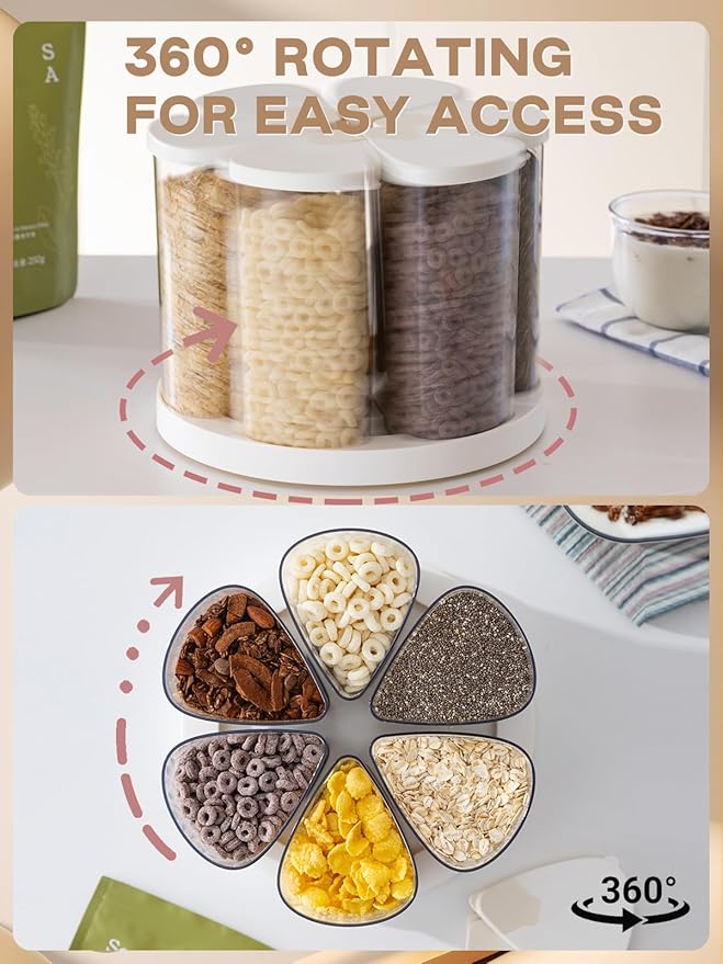 LivLab Mker 5-10 lbs Rice Dispenser - Rotating Cereal dispenser countertop for Pantry - Small Food Storage Containers with Lids, BPA-Free PET Grain Canister Sets 6 Grids, for Oats, Corn Flakes, flour