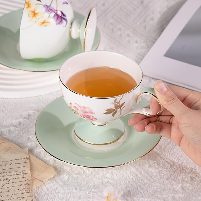 KAMMAK Ceramic Tea Cup and Saucer Set with Gold Trim, Passionflower & Crabapple Blossom Pattern, 220ml Elegant Bone China Coffee Cup with Mint Green Saucer for Afternoon Tea, Gift for Women