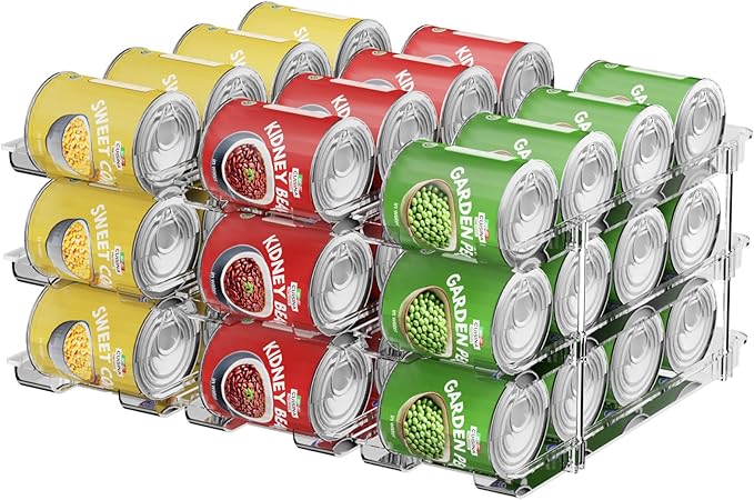 Can Organizer For Pantry,3 Sets 3 Tiers Pantry Organizers And Storage, Pantry Organizer for Fridge 36 Standard and Tall Cans Rack Automatic Rolling Stackable Canned Food Organizer, Clear