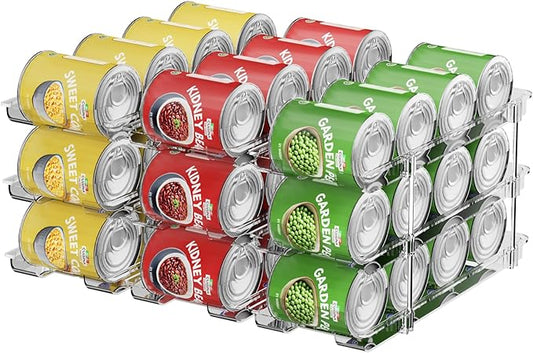 Can Organizer For Pantry,3 Sets 3 Tiers Pantry Organizers And Storage, Pantry Organizer for Fridge 36 Standard and Tall Cans Rack Automatic Rolling Stackable Canned Food Organizer, Clear