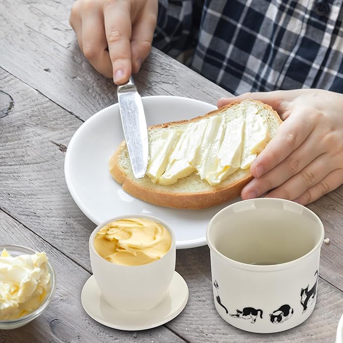 Cat Butter Crock - French Style Ceramic Butter Keeper and Butter Dish with Lid, Black and White Kitten Butter Holder for Countertop Storage, Airtight Container for Soft, Spreadable Butter