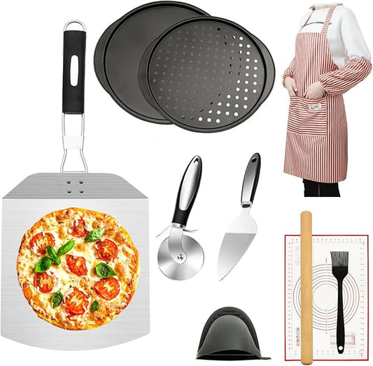 Pizza Kit for Homemade Baking, 12in Perforated and Non-Perforated Pizza Pan Set with Stainless Steel Pizza Peel 12x9in, Dough Roller, Cutter, Apron, Baking Mat, Ideal for Oven Cooking at Home