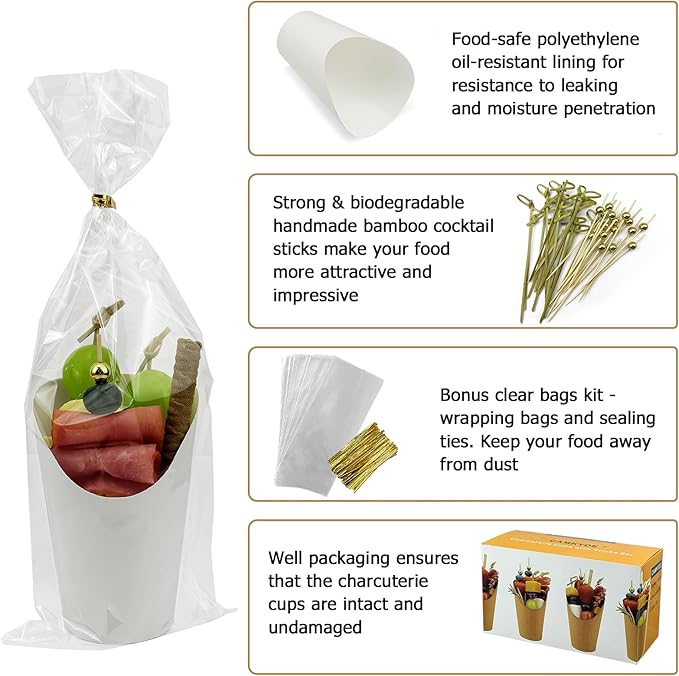 CAMKYDE 50 Sets Disposable Charcuterie Cups with Sticks and Bags, 12 oz White Paper Snack Appetizers Cup French Fry Holder with Cocktail Picks Toothpicks (50 Cups+50 Bags+200 Sticks)