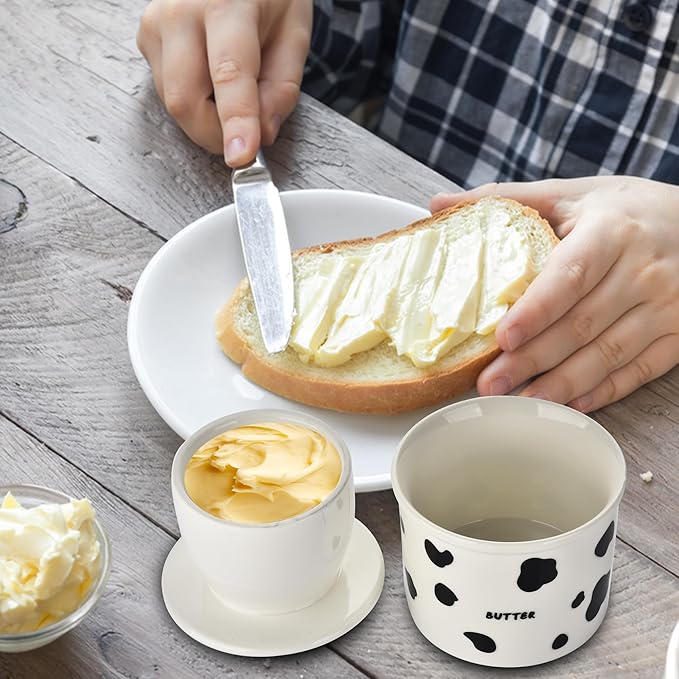 Cows Butter Crock - French Style Ceramic Butter Keeper and Butter Dish with Lid, Black and White Butter Holder for Countertop Storage, Airtight Container for Soft, Spreadable Butter