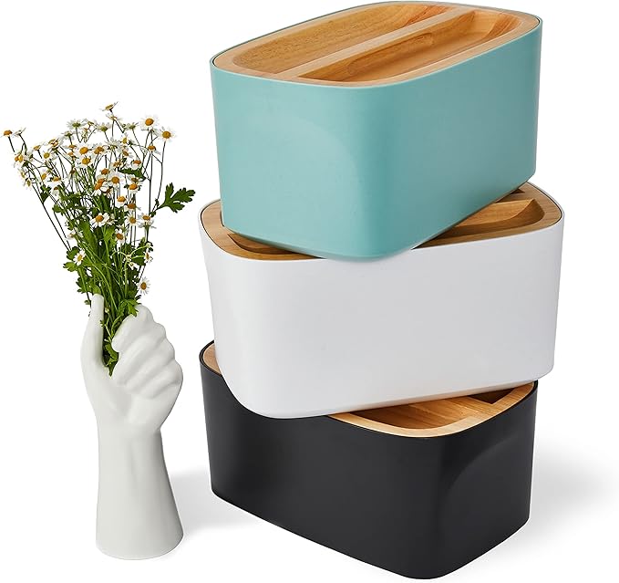 Sonder Los Angeles, Modern Bamboo Fiber and Recycled Plastic Bread Box (Black) for Kitchen Countertop with Reversible Bread Board Wood Lid 14.25 x 9.25 x 7 in