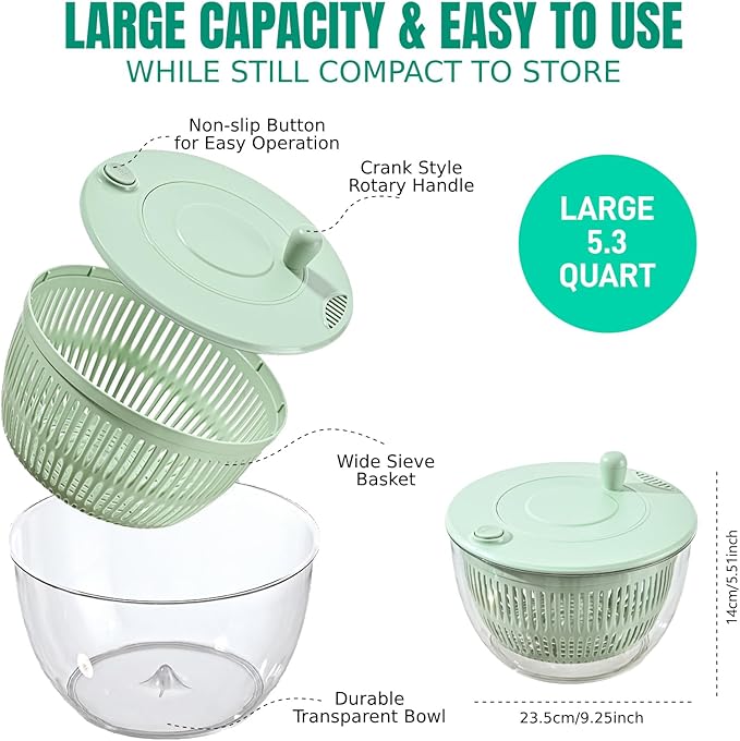 Large Salad Spinner and Slicer - 5.3 Qt, Grater with Container and Lid & Kitchen Gadget set, Vegetable Dryer Grater, with Fruits Wash Bowl, with Slicer and Shredder (Light Green)