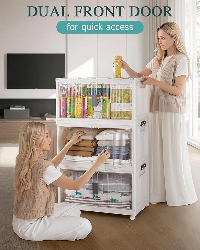 OlarHike 97QT Stackable Storage Bins with Lids - Folding Storage Box with Doors and Wheels, Collapsible Plastic Storage Drawers for Closets, 3 Pack Cubes