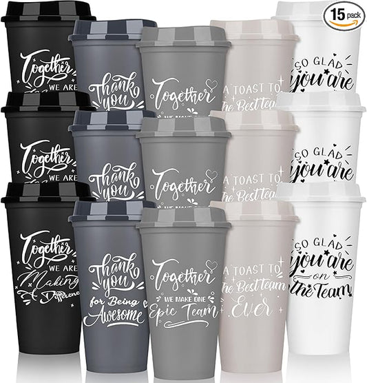 Pickmesh 15 Pcs Employee Appreciation Gifts Christmas Thank You Gift for Team Building 16 oz Teacher Plastic Coffee Cup with Lid Inspirational Travel Tumbler for Coworker Staff Pastor (Morandi Color)