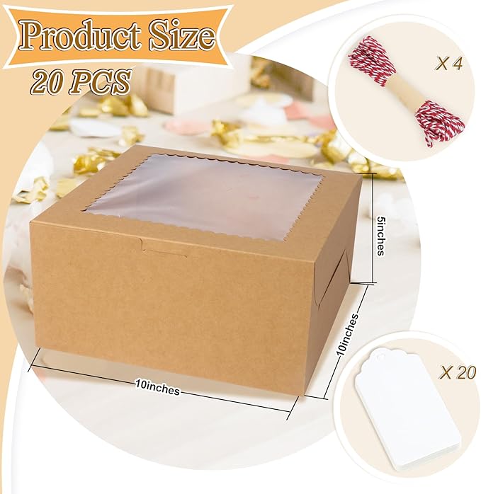 20Pcs 10 Inch Cake Boxes with Window, 10x10x5 Inches Brown Bakery Boxes, Cake Carrier Container for Pastries, Pie, Cookies, Chocolates, Cupcakes, Birthday Party, Wedding