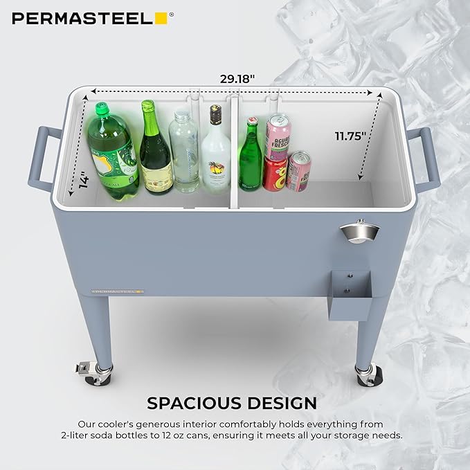 Permasteel 80 Quart Party Cooler, Rolling Ice Chest with Wheels and Handles for Indoor Outdoor Patio