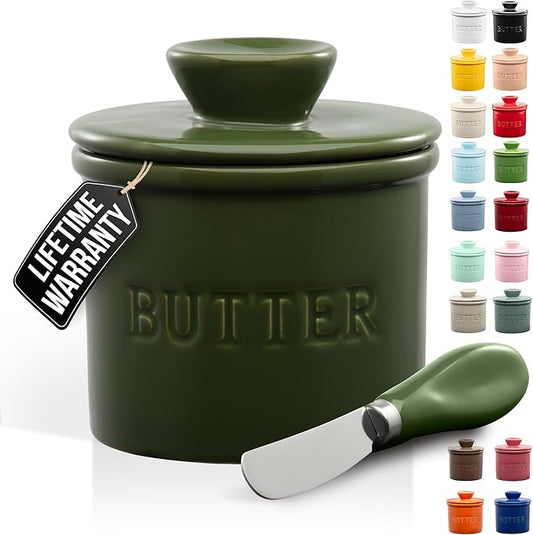 Zulay Kitchen Porcelain Butter Crock With Lid & Knife - Authentic French Butter Dish For Fresh & Spreadable Butter - Jade Green