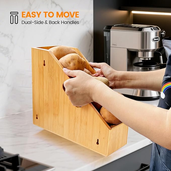 Slim Bamboo Storage Bin with Handles – Heavy-Duty Organizer for Pans, Lids, Cutting Boards, Snacks & More | Open-Front & No-Drill Wall Mount | Kitchen, Pantry, Bathroom & Office Use