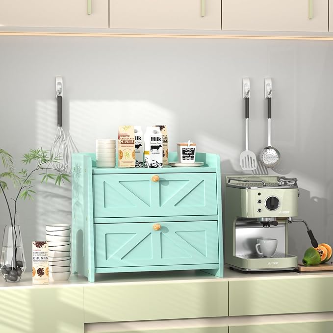 Bread Box for Kitchen Countertop, Double Layer Wooden Breadbox, Large Capacity Bread Storage Bin, Homemade Bread Storage Container, Farmhouse Breadbox Organizer, Green