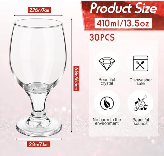 Patelai Set of 30 Clear Glasses 13.5 oz Water Goblet Glass Stemmed Water Glasses for Juice Wine Beer Tea Milk Cold Beverages Drinks Dishwasher Safe