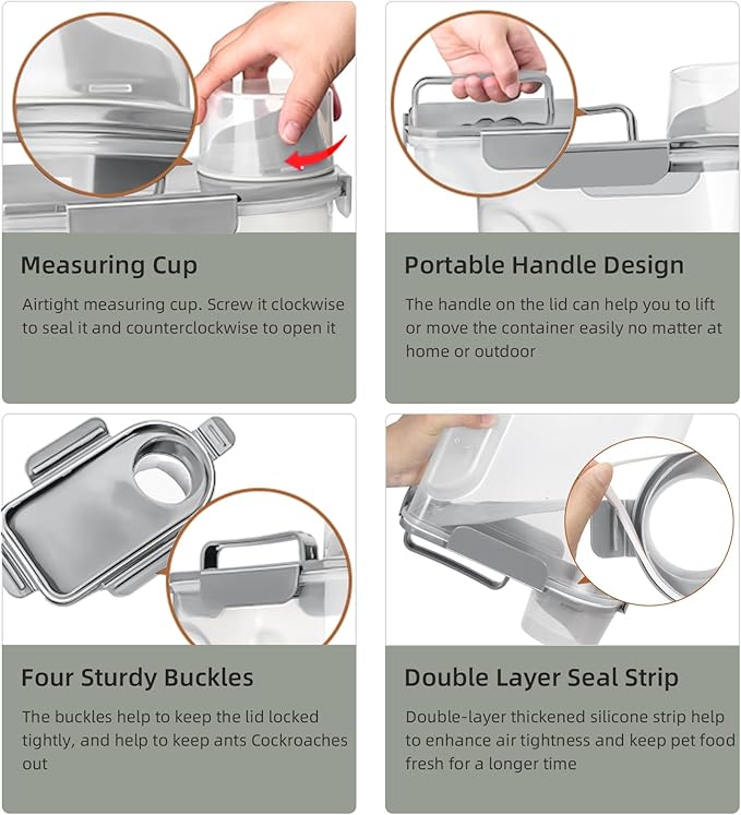5-7Lbs Small Cat Dog Food Storage Containers BPA Free, Airtight Pet Food Storage Containers with Large Pour Spout/1 Measuring Cup/ 4 Safety Locks and With Folding Bowl (Elegant Gray)