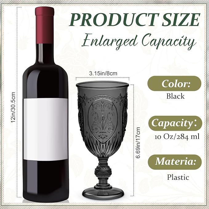 18 Pack Plastic Goblets 10oz Upgrade Vintage Water Goblet Plastic Wine Glasses Colored Retro Embossed Glassware for Party Wine Bar Juice Baby Shower Wedding Reception Grand (Black)