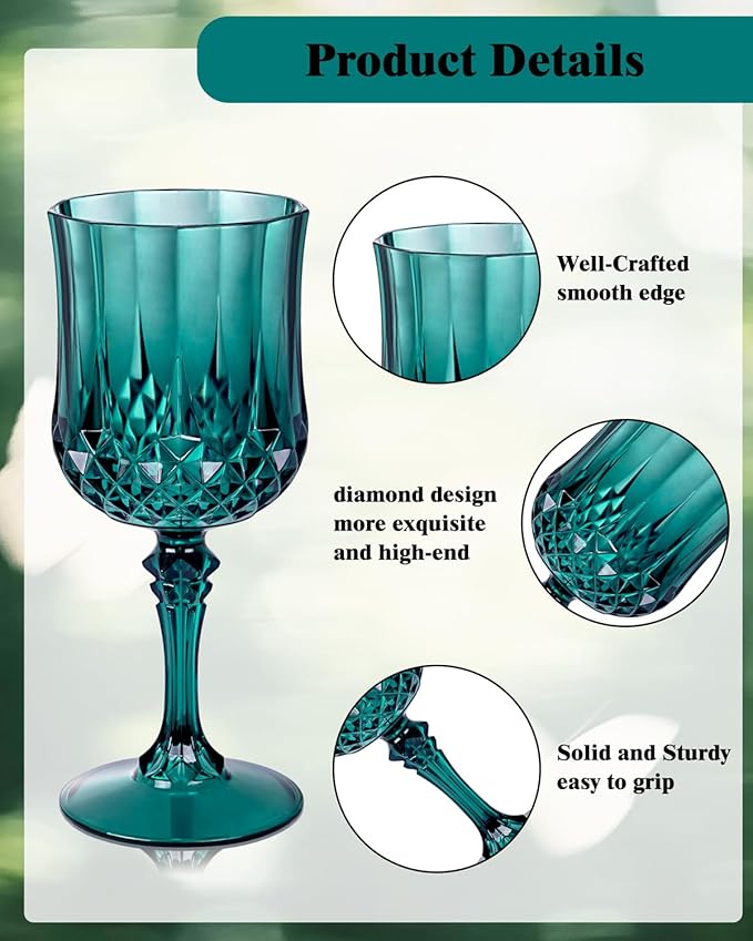 Ciaell 24PCS Green Plastic Wine Glasses - 7 Oz Plastic Goblets for Party - Green Vintage Drinking Glasses - Disposable Water Goblets Set for Wedding, Bar, Wine, Beer, Juice, Cocktail, Christmas