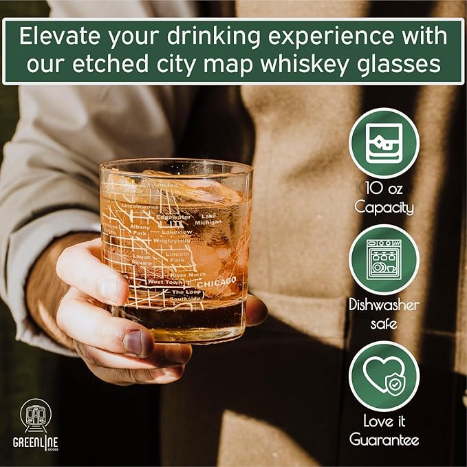 Greenline Goods - Chicago Map Etched Whiskey Glass Perfect for Bourbon, Scotch, Liquor, Cocktail - Crystal Whiskey Glasses Set of 2 - Best Tasting Experience with Vintage Rocks Glasses
