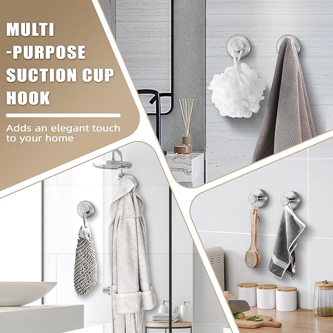 Suction Cup Hooks for Shower No-Drill Bathroom Hooks for Towels, Robes, Loofah Mountable on Bathroom Walls, Kitchen, Glass, Mirrors, Tile and Smooth,Non-Porous Surfaces (2, Brushed Nickel)