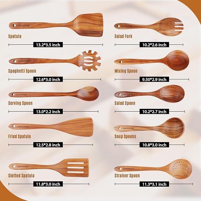 Wooden Spoons for Cooking, Wooden Utensils for Cooking Natural Teak Wooden Kitchen Utensils Set Comfort Grip (10 PCS SET)