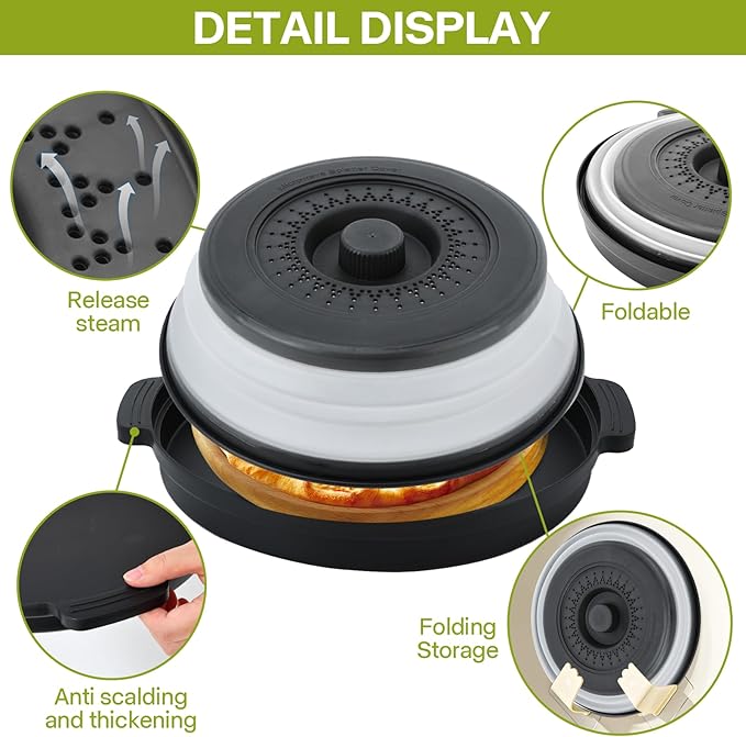 Microwave Food Splatter Cover & Anti-scald Base Mat,Large Plastic & Silicone Vented Avoid Scalding Collapsible Guard Lid, Plate Holder & Kitchen Colander for Meal Prep-10.7 Inch (2pcs-Gray-Black)