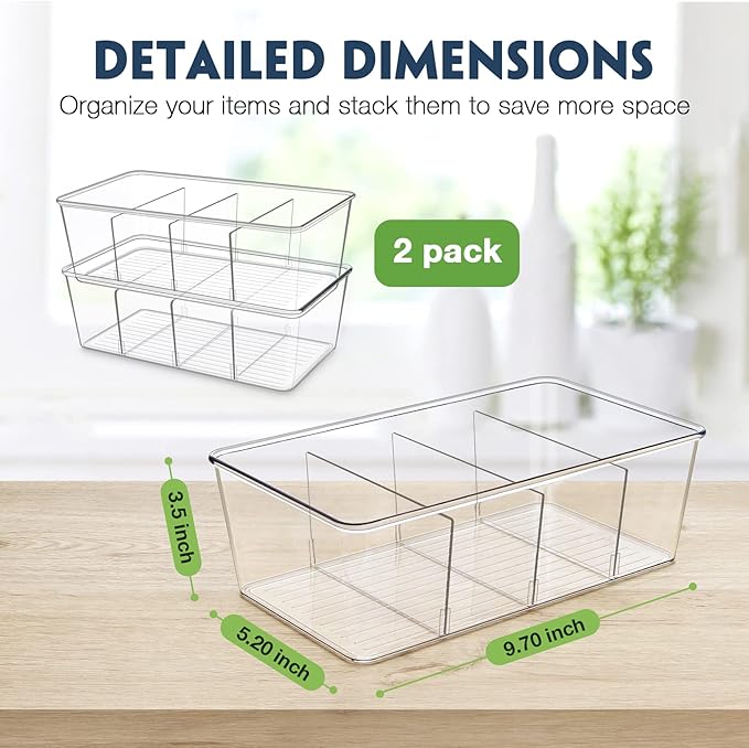 Batoto Pantry Organization and Storage Bins, Refrigerator Organizer Bins – Clear, Kitchen Organization and Storage with Dividers (2 Pack)
