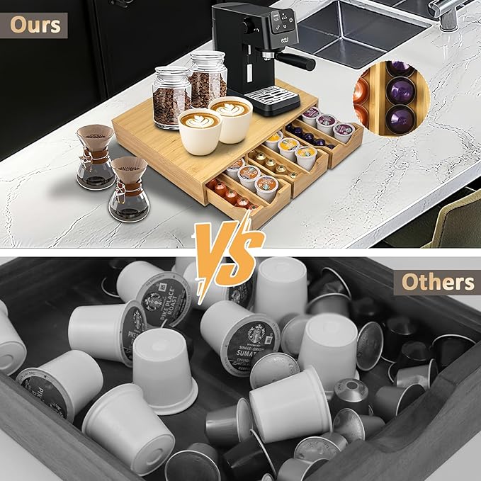 Bamboo Coffee Pod Drawer，K Cup Organizer for Counter, Coffee Pod Holder Holds Up 36 K Cups or 54 Originalline Pods, Tea Bag Storage Organizer for Kitchen Counter Office with 3 Drawers