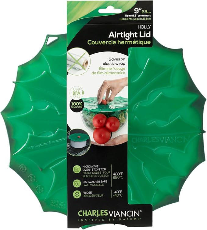 Charles Viancin Lids - Winter Themed - Airtight - 11-inch Poinsettia, 9-inch Holly, or 6-inch Winter Snowflake Christmas Designs (Set of Three Winter Lids), Red, Green, White