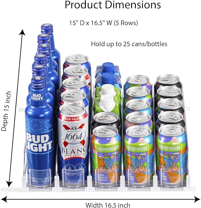 RULA Drink Organizer for Fridge, Self-Pushing Soda Can Dispenser for Refrigerator, Width Adjustable Beverage Pusher Glide - Holds up to 25 Cans (15" D, 5 Rows)
