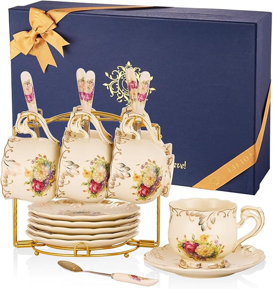YOLIFE Tea Cups and Saucers Set of 6, Ivory Porcelain Tea Cups Set with Stand, Floral with Gold Leaves Trim Design, Gift for Women (Includes Gift Box, Tote Bag, Greeting Card)