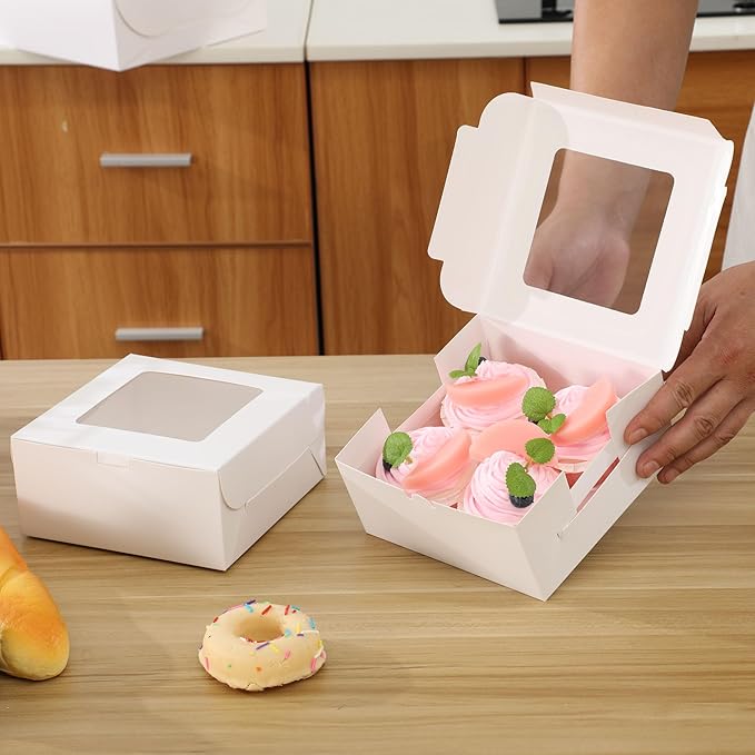 20Packs- 4 Count White Cupcake Containers Bakery Cake Boxes, Birthday, Wedding, Christmas party, Auto-Popup Cupcake Boxes for personalized gift giving , Cookies, Baking Gift Display,cake boxes