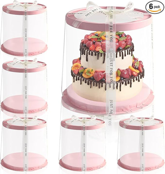 6Pcs Clear Pink Cake Boxes with Ribbon 8.5*9.5inch Round Transparent Cake Containers Tall Tiered Bakery Box 7inch and 6inch Cake Carrier Packaging Boxes for Birthday Party (Pink, Round 8.5inch/6pcs)