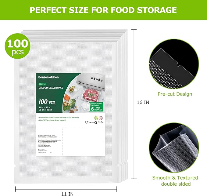 Bonsenkitchen Precut Vacuum Sealer Bags, 100 Gallon 11" x 16" Food Sealer Bags, Food Grade, BPA Free, Heavy Duty, Customized Vacuum Bags for Vac Storage, Meal Prep or Sous Vide Cooking, VB3214