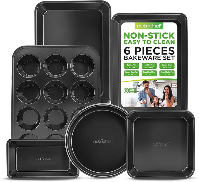 NutriChef Stackable Non-Stick Baking Pans Set – Carbon Steel Bakeware Set w/ Cookie Sheet, Muffin & Loaf Pan, Double Coated for Easy Release, Oven & Dishwasher Safe, Resists Warping, – Easy to Clean
