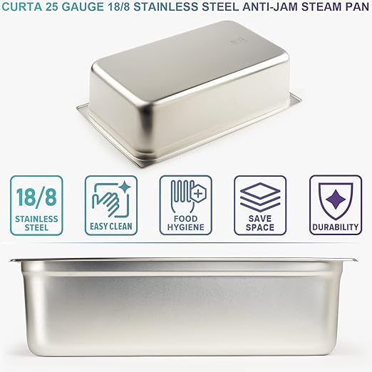 CURTA 6 Pack Full Size 6" Deep Anti-Jam Hotel Pans, NSF Certified 18/8 Stainless Steel Steam Table Food Pans for Catering, Buffet, Restaurant, Commercial Kitchen, Dishwasher Safe, Freezer Safe