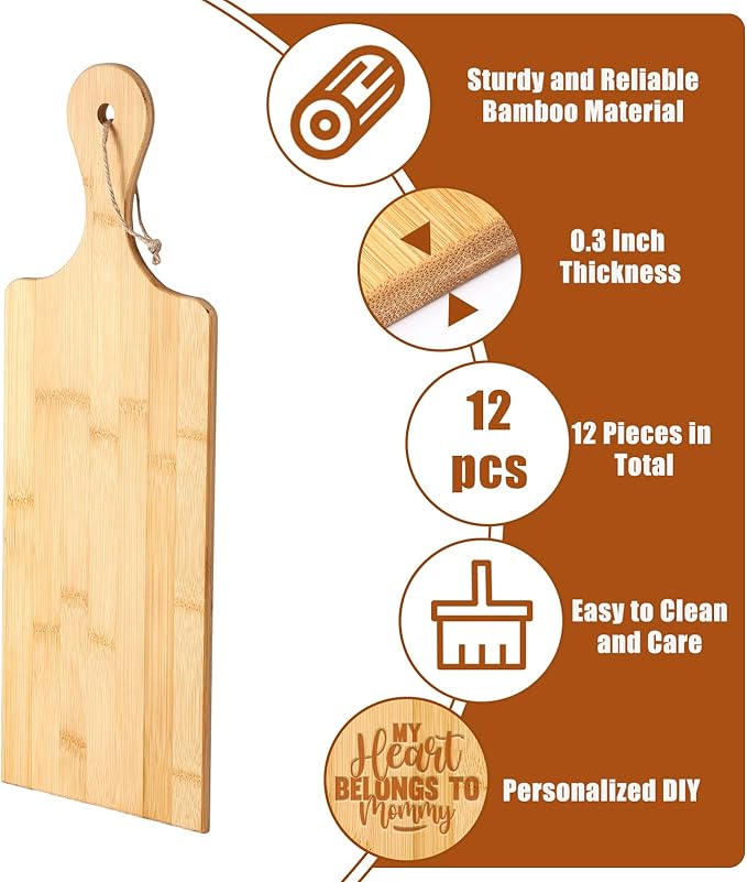 Patelai 12 Packs Wooden Cutting Board Set with Handles Large Kitchen Serving Plain Chopping Board Bulk Gifts for Mom for Vegetables Meat Pizza Cheese Fruit Bread(Bamboo,17 x 6 Inch)