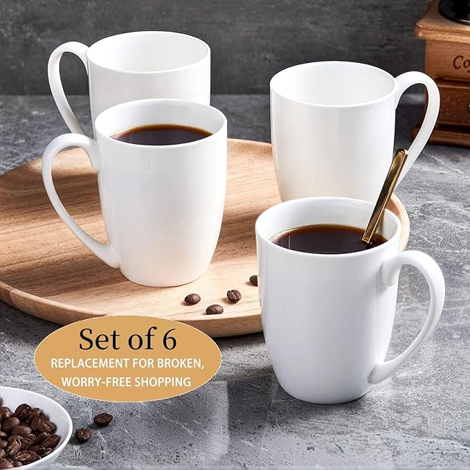 12 oz Fine Bone China Coffee Mugs Set of 6, Over 45% Bone Content White Mugs, Durable Porcelain Coffee Mugs Sets, White Ceramic Lightweight Tea Milk Cups, Microwave ＆ Dishwasher Safe