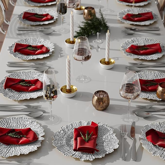 100 PCS Silver Charger Plates, 13" Vintage Decorative Table Plate, Ruffled Rim Plastic Reusable Dinner Charger Plates, for Wedding, Party, Table Setting