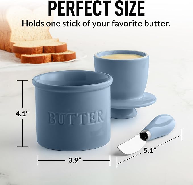 Zulay Kitchen Porcelain Butter Crock With Lid & Knife - Authentic French Butter Dish For Fresh & Spreadable Butter - Blue-Gray