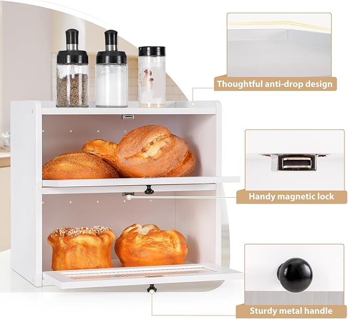 Sunhoo Bread Box for Kitchen Countertop Wooden Bread Storage Container Bin 2 Layer Breadbox Holder Large Capacity Keeper Vintage Farmhouse Food Organizer Pantry Shelf Acrylic Window (White)