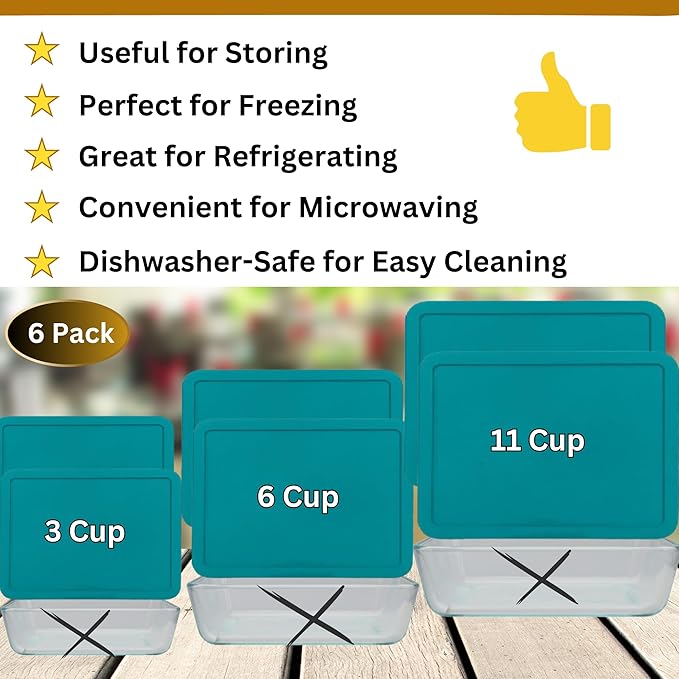 3, 6 & 11 Cup Turquoise Replacement Lids/Covers for Pyrex, Anchor Hocking & KlareWare Storage Bowls *Lids Only Glass Container Not Included* (6 Pack *Two of Each Size*)
